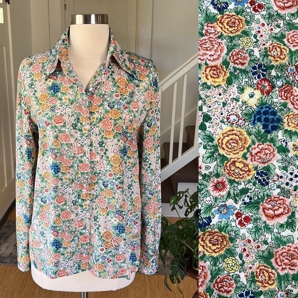 Lady Manhattan VTG Button Front Blouse in Floral Print Retro Collar Medium